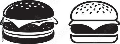 Two black and white illustrations of classic cheeseburgers with sesame seed buns