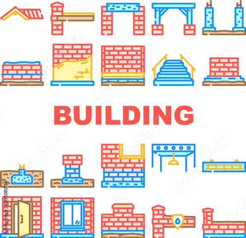 Building construction elements outlining various architectural structures, house components, and design assets for planning residential and commercial developments