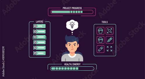 Creative process illustration: man with idea, project progress, layers, tools, health and energy bars