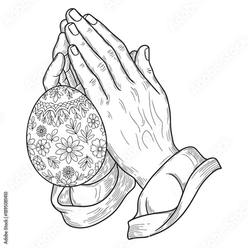 "Praying Hands Holding Decorated Easter Egg in Vintage Engraving Sketch Style - Religious Holiday Concept"