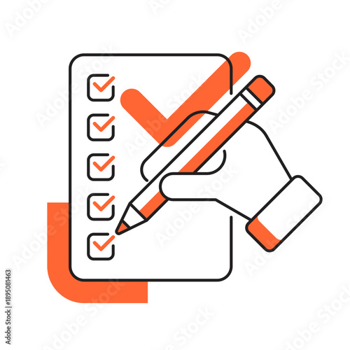 Clipboard checklist emblem in thin line and orange color