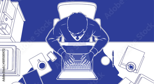Focused individual working intensely on a laptop at a cluttered desk, overhead blue and white illustration depicting remote work, concentration, and productivity.