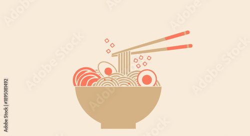 Stylized illustration of ramen noodle soup with chopsticks and ingredients.