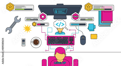 Flat design illustration of a software developer's creative process, coding, and problem-solving workflow at a desk with conceptual tools and ideas.
