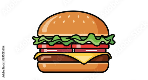 Illustration of a classic cheeseburger with lettuce, tomato, and cheese.