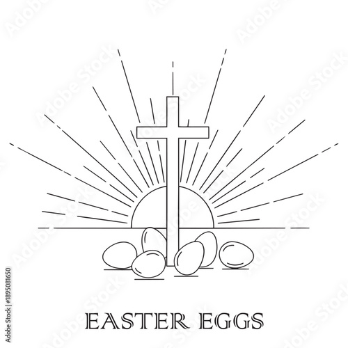 "Religious Easter Resurrection Concept with Cross, Sunrise Rays, and Eggs - Minimalist Black and White Line Art Animation"