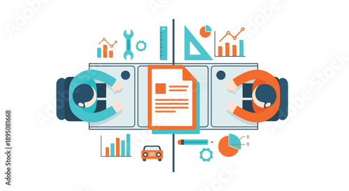 Collaborative business project management and data analysis concept. Two professionals working together with technology and financial icons.