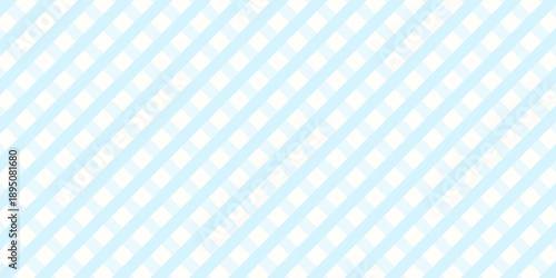 Seamless gingham checker pattern in soft blue and white, pastel diagonal repeats square background. Stripe checks design for textile, baby, and nursery product.
