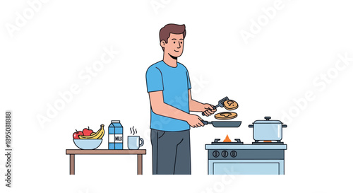 Man making pancakes for breakfast in a kitchen.