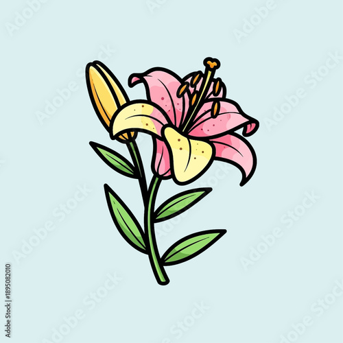 Vibrant cartoon illustration of a pink and yellow lily flower with a green stem and an unopened bud on a light blue background.
