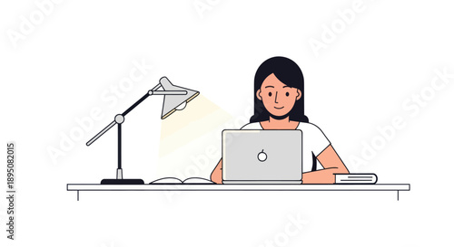 Woman working on a laptop computer at a home office desk with a lamp.