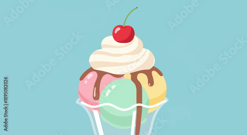 Colorful ice cream sundae with cherry and whipped cream