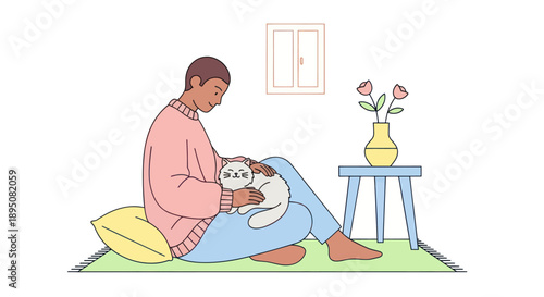 Person cuddling a cat in a cozy home.