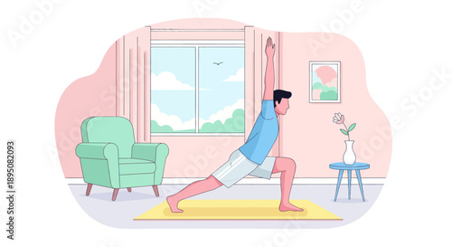 Man practicing yoga at home in front of a window