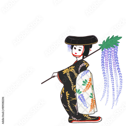 Fujimusume Wisteria Maiden, Traditional Japanese Kabuki Dance Illustration,with copy space,歌舞伎,藤娘