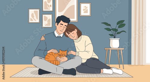 Happy young couple cuddling with their pet cat in a cozy living room.