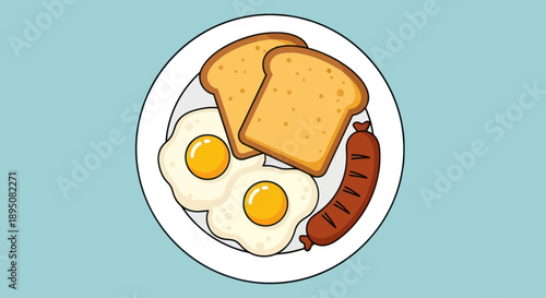 Cartoon breakfast with fried eggs, toast, and sausage.