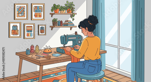Woman sewing on a machine at home with craft supplies.