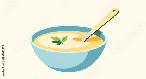 A bowl of delicious soup with a spoon and parsley.
