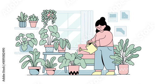 Woman watering houseplants indoors