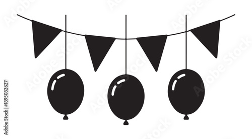 Minimalist party decoration featuring triangular pennants and hanging balloons silhouettes for festive events