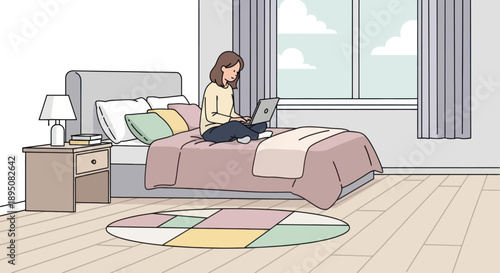 Woman working on a laptop in a cozy bedroom.
