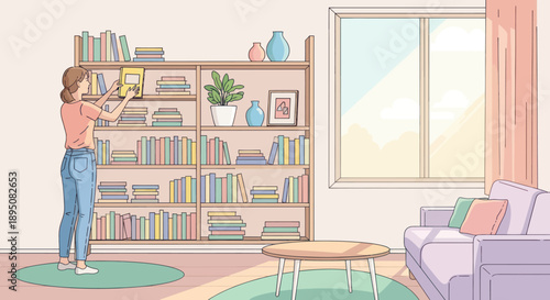 A woman is putting books away on a bookshelf in her home.