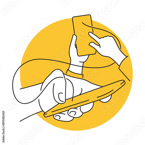 H holding phone and touching screens - in outline decoration with yellow fill