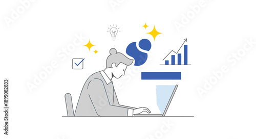 Businessman analyzing statistics on laptop with creative ideas and growth charts