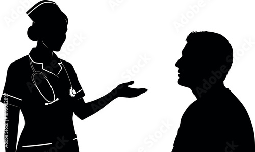 Nurse or Healthcare Professional Consulting with Patient Silhouette; Medical Practitioner, CNA, or Clinical Assistant (Nursing/Societas Medica) vector illustration.