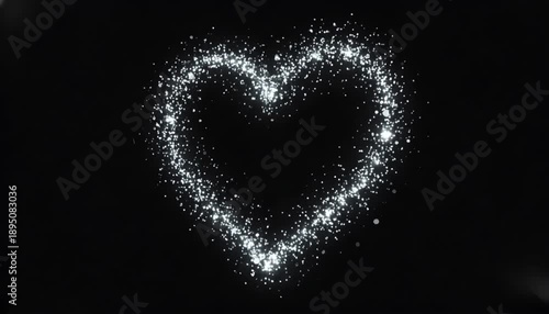 Sparkling Silver Heart Shimmering On Black, Delicate Glitter Particles Drift In Slow Motion, Creating Elegant