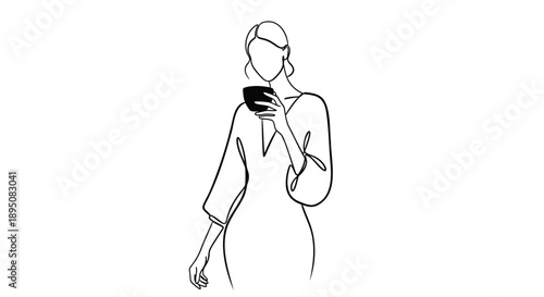 Woman holding coffee cup in modern minimalist line art style drawing