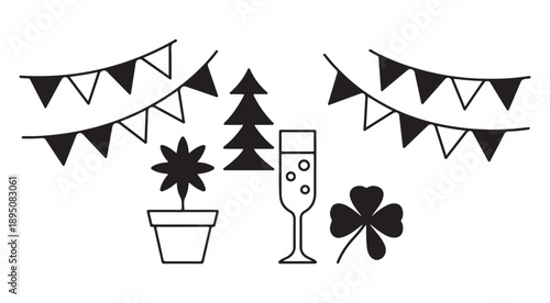 Set of festive decorative elements including bunting flags Christmas tree potted plant champagne and shamrock isolated on white