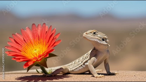 Desert lizard and red flower in bright sunlight close up