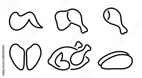 Chicken meat parts icon set in outline style. Vector collection of poultry cuts including whole chicken carcass, breast fillet, thigh, drumstick and wing. 