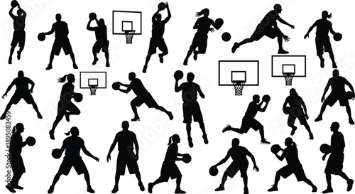 Basketball player silhouettes set showing dribbling, shooting, dunking and passing actions, dynamic male and female athletes sports vector isolated on white background