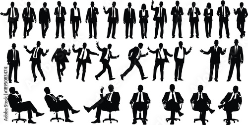 Business men silhouettes illustration, corporate leadership and professional executives in suits, multiple poses standing walking sitting, modern minimalist black vector design