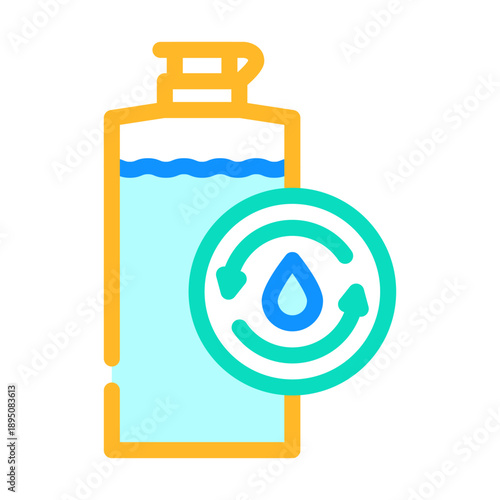 Reusable bottle filled with water, featuring a circular arrows symbol embracing a water drop, representing recycling, sustainability, and an eco friendly approach to hydration