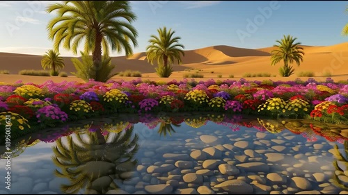 Desert oasis scene with palm trees and colorful flowers reflecting in water