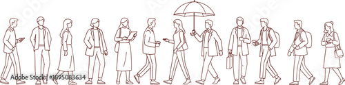 Business people walking line illustration, urban professionals commuting with umbrellas and bags, modern city lifestyle concept, minimalist continuous outline vector design