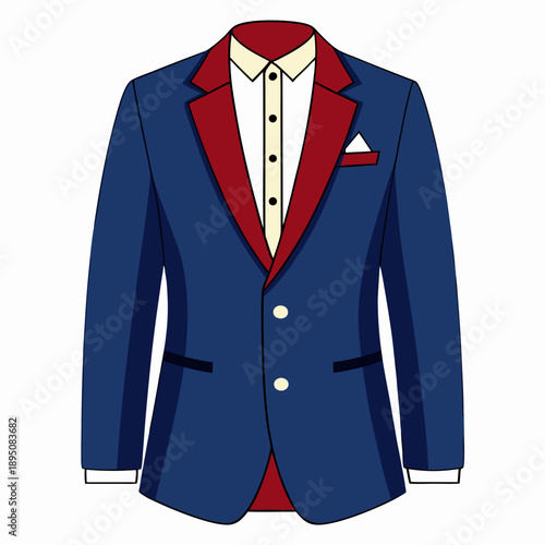 Elegant blue blazer with red satin lapels and white shirt