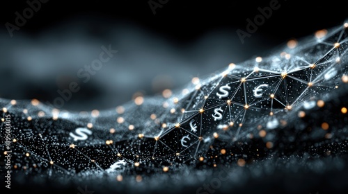 Abstract digital currency concept, glowing particles with dollar & euro symbols forming wave