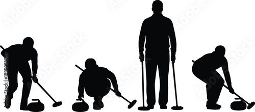 Curling athletes silhouettes illustration, winter sport players sweeping stones on ice, competitive team action poses, minimalist black vector sports design