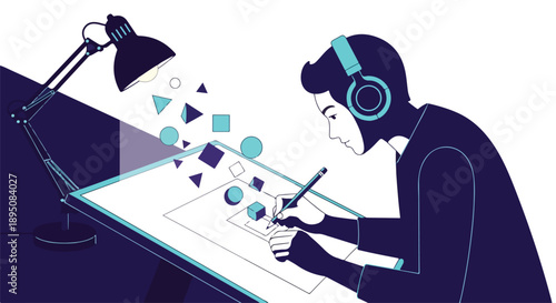 Young man wearing headphones, drawing on a graphic tablet under a desk lamp, surrounded by geometric shapes