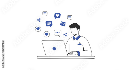 Man working on laptop with social media icons floating above