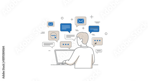 Man working on laptop with social media icons and chat bubbles around him online