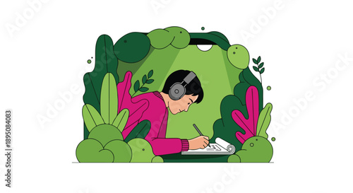 Young person wearing headphones, drawing and writing in a notebook surrounded by lush green foliage, creative process