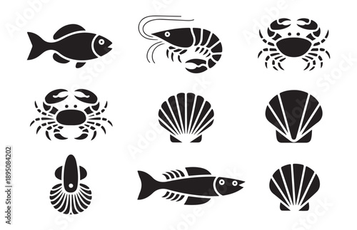 Abstract black illustrations of sea creatures crabs lobsters shrimp fish shells on white