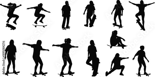 Female skateboarder silhouettes performing tricks and jumps, urban street skating action poses, extreme sport lifestyle illustration, black vector collection isolated on white background