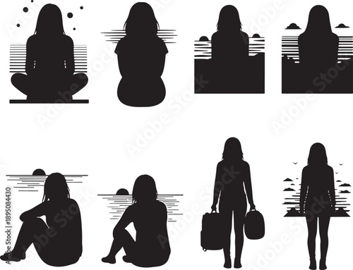 Minimalist Yoga and Meditation Silhouettes on Beach with Waves Vector Illustration